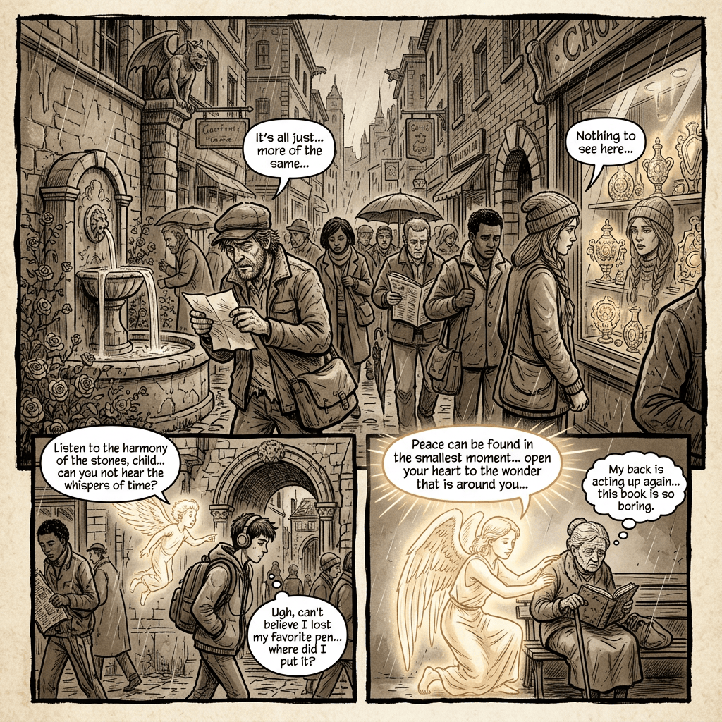 Comic panels with rainy street scenes and text: “It’s all just... more of the same...”; “Nothing to see here...”; “Listen to the harmony of the stones, child... can you hear the whispers of time?”; “Ugh, can’t believe I lost my favorite pen... where did I put it?”; “Peace can be found in the smallest moment... open your heart to the wonder that is around you...” and “My back is acting up again... this book is so boring.”