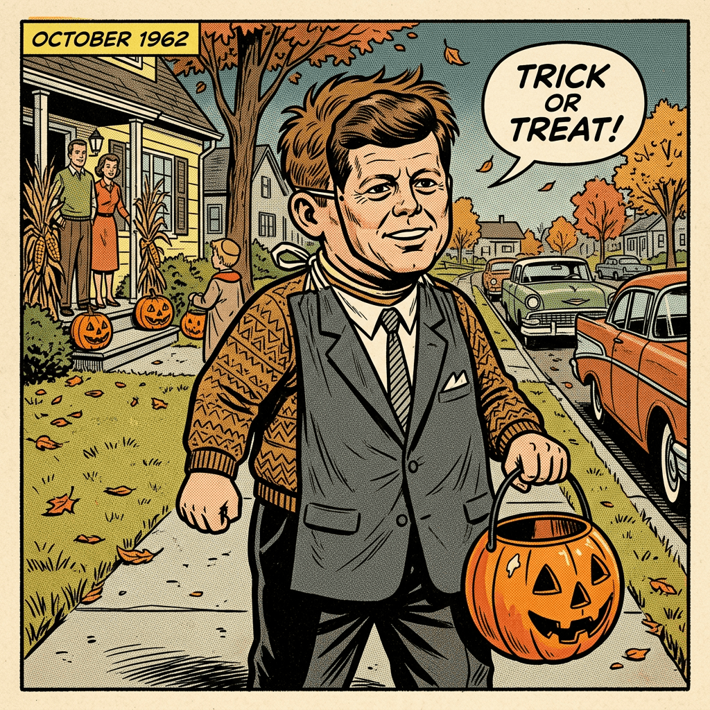 Comic panel reading October 1962 and Trick or Treat, with man carrying pumpkin bucket