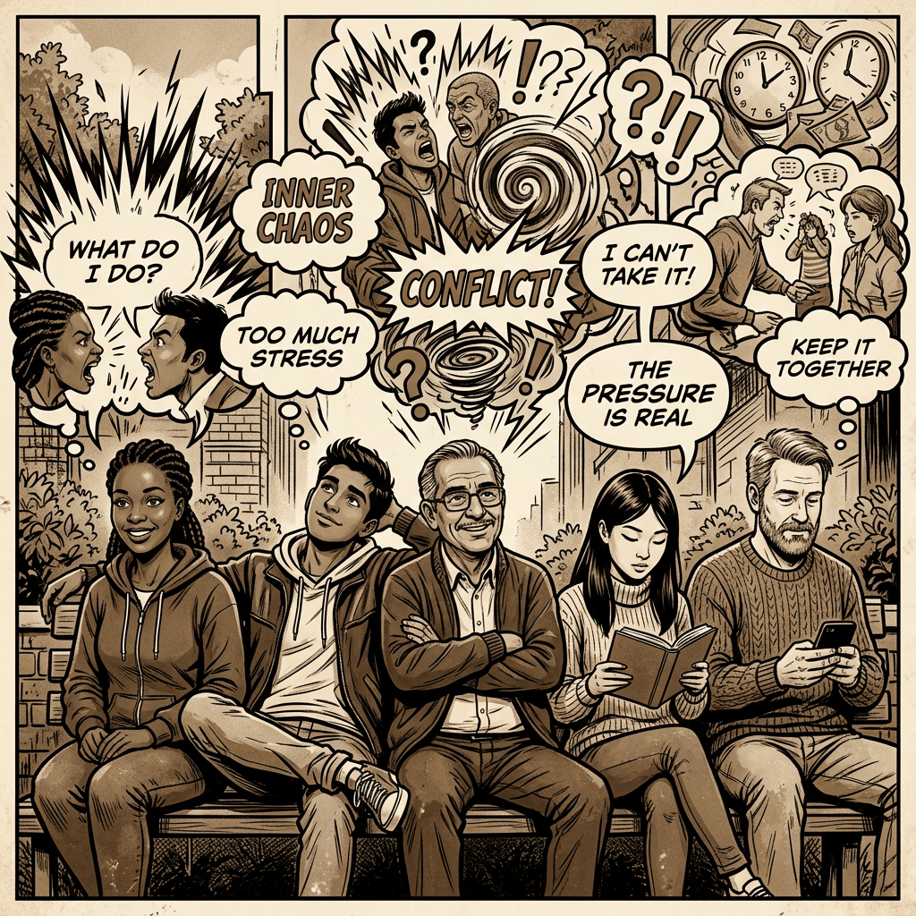 Comic collage of people experiencing stress with text: “WHAT DO I DO?”, “INNER CHAOS,” “TOO MUCH STRESS,” “CONFLICT!,” “I CAN’T TAKE IT!,” “THE PRESSURE IS REAL,” and “KEEP IT TOGETHER.”