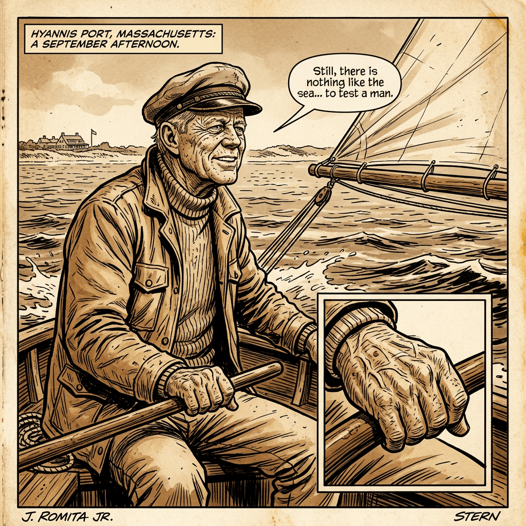 Comic panel of a sailor steering a boat off Hyannis Port, with speech and caption text
