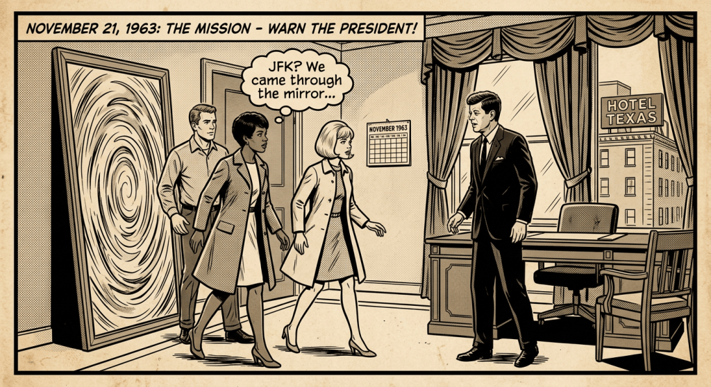 Comic text: "NOVEMBER 21, 1963: THE MISSION - WARN THE PRESIDENT!" and "JFK? We came through the mirror..."; three travelers emerge from a swirling mirror as a suited man waits beside a window marked "HOTEL TEXAS."