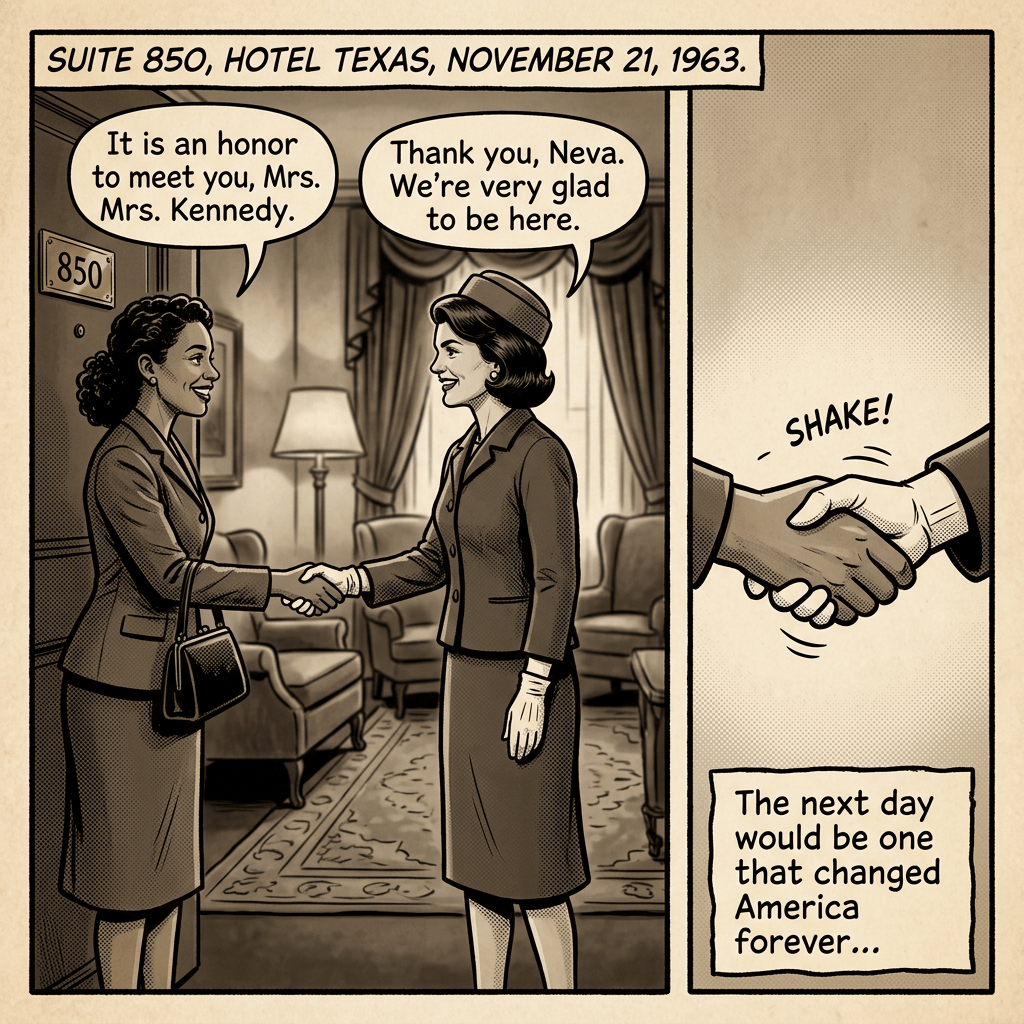 Comic panel dated November 21, 1963, showing two women shaking hands at Hotel Texas; text says the next day would change America forever.