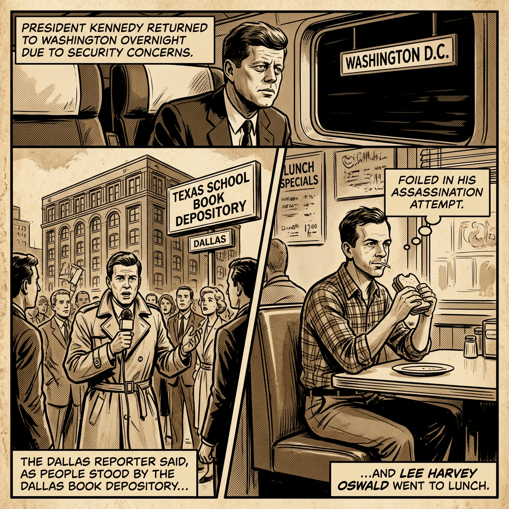 Comic text: PRESIDENT KENNEDY RETURNED TO WASHINGTON OVERNIGHT DUE TO SECURITY CONCERNS.; WASHINGTON D.C.; TEXAS SCHOOL BOOK DEPOSITORY; DALLAS; LUNCH SPECIALS; FOILED IN HIS ASSASSINATION ATTEMPT.; THE DALLAS REPORTER SAID, AS PEOPLE STOOD BY THE DALLAS BOOK DEPOSITORY...; ...AND LEE HARVEY OSWALD WENT TO LUNCH.