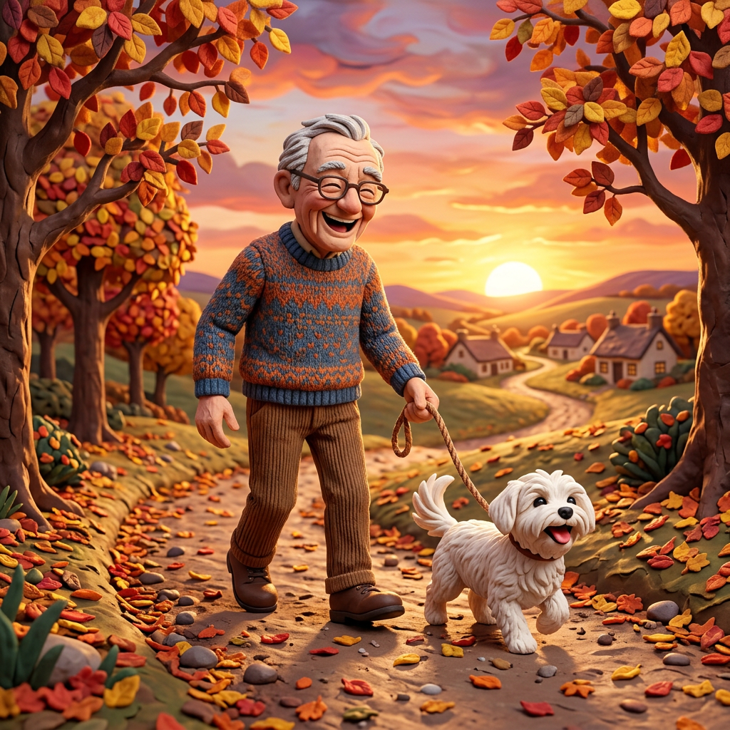 Smiling older man walking a small white dog along an autumn path