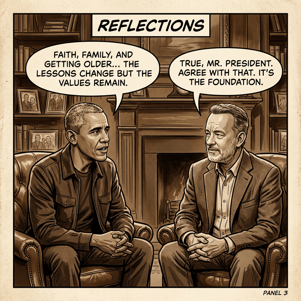 Comic panel titled REFLECTIONS with two men discussing faith, family, aging, and enduring values.