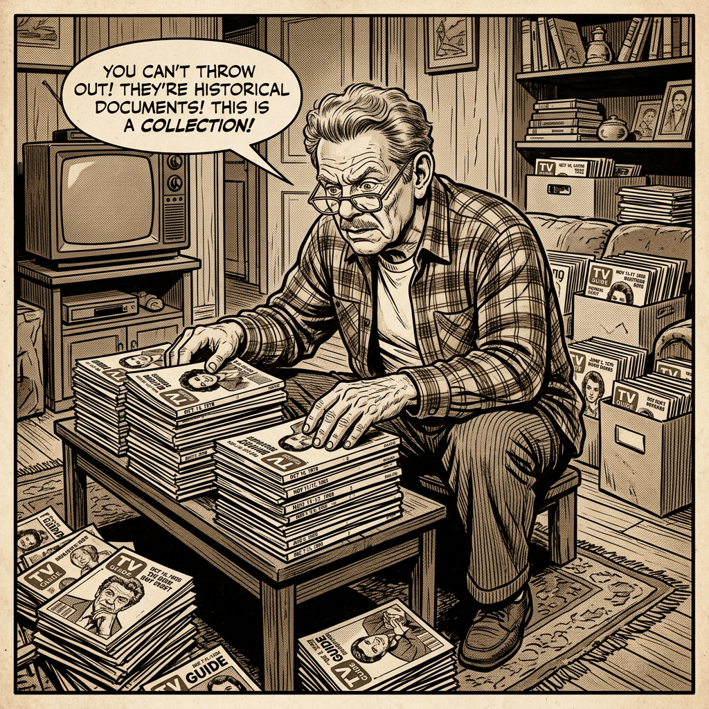 Collector sorting magazines; speech bubble reads, "YOU CAN'T THROW OUT! THEY'RE HISTORICAL DOCUMENTS! THIS IS A COLLECTION!"