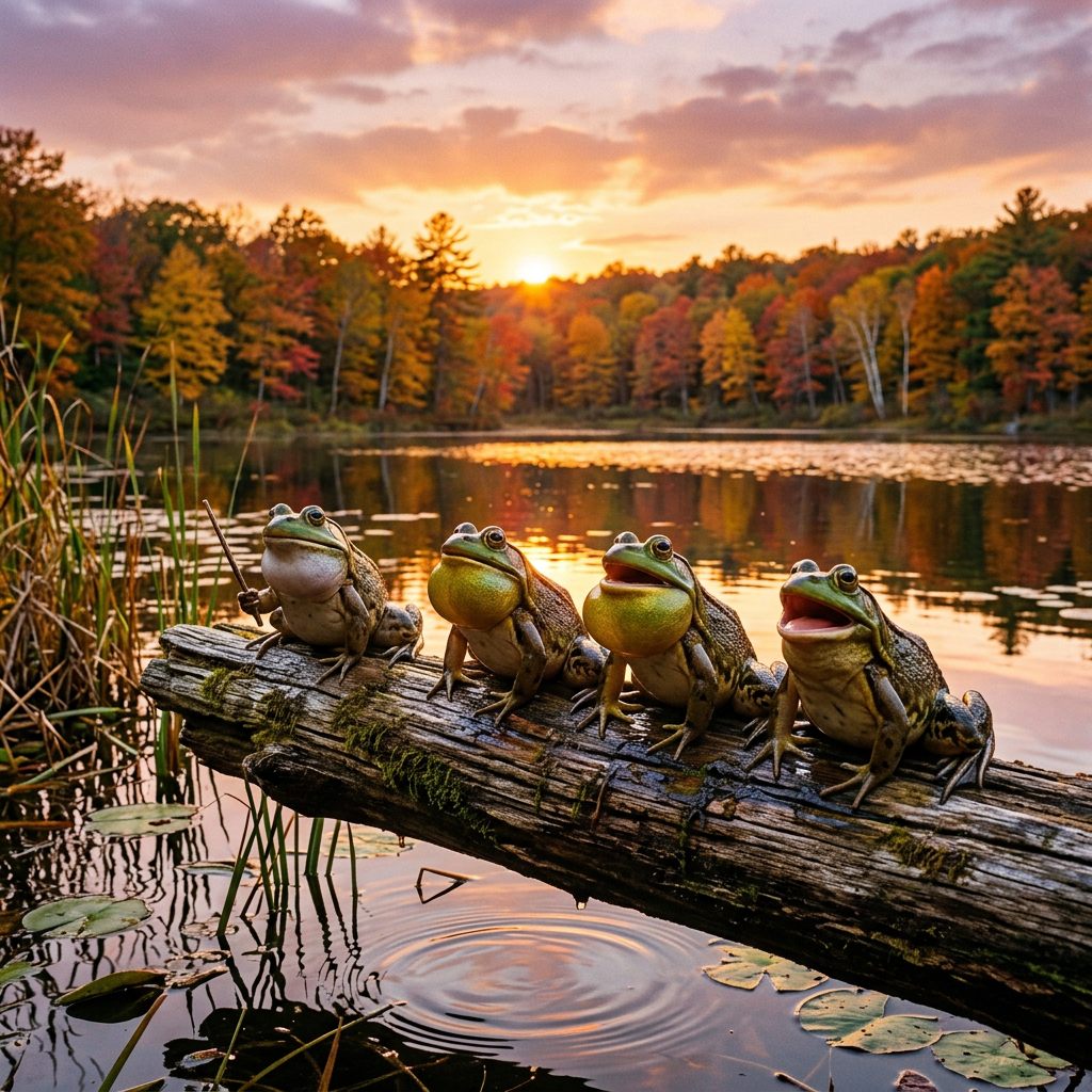 Four frogs sitting on a mossy log over an autumn pond at sunset