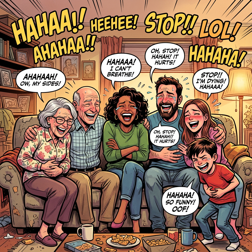Comic scene with family laughing; text reads “HAHA!”, “HEEHEE!”, “STOP!! LOL!”, “AHAHAHA!!”, “HAHAHA!”, “HAHAHA! I CAN’T BREATHE!”, “OH, STOP! HAHAH! IT HURTS!”, “STOP!! I’M DYING! HAHAHA!”, “OH, STOP! HAHAHA! IT HURTS!”, and “HAHAHA! SO FUNNY! OOF!”