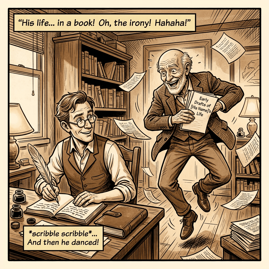 Old man joyfully reads his life story