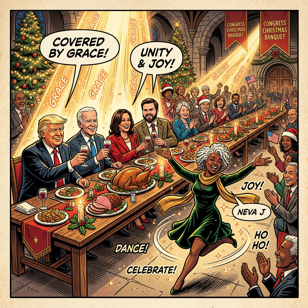 Illustrated Christmas banquet with leaders, guests, decorated trees, food, and dancing woman