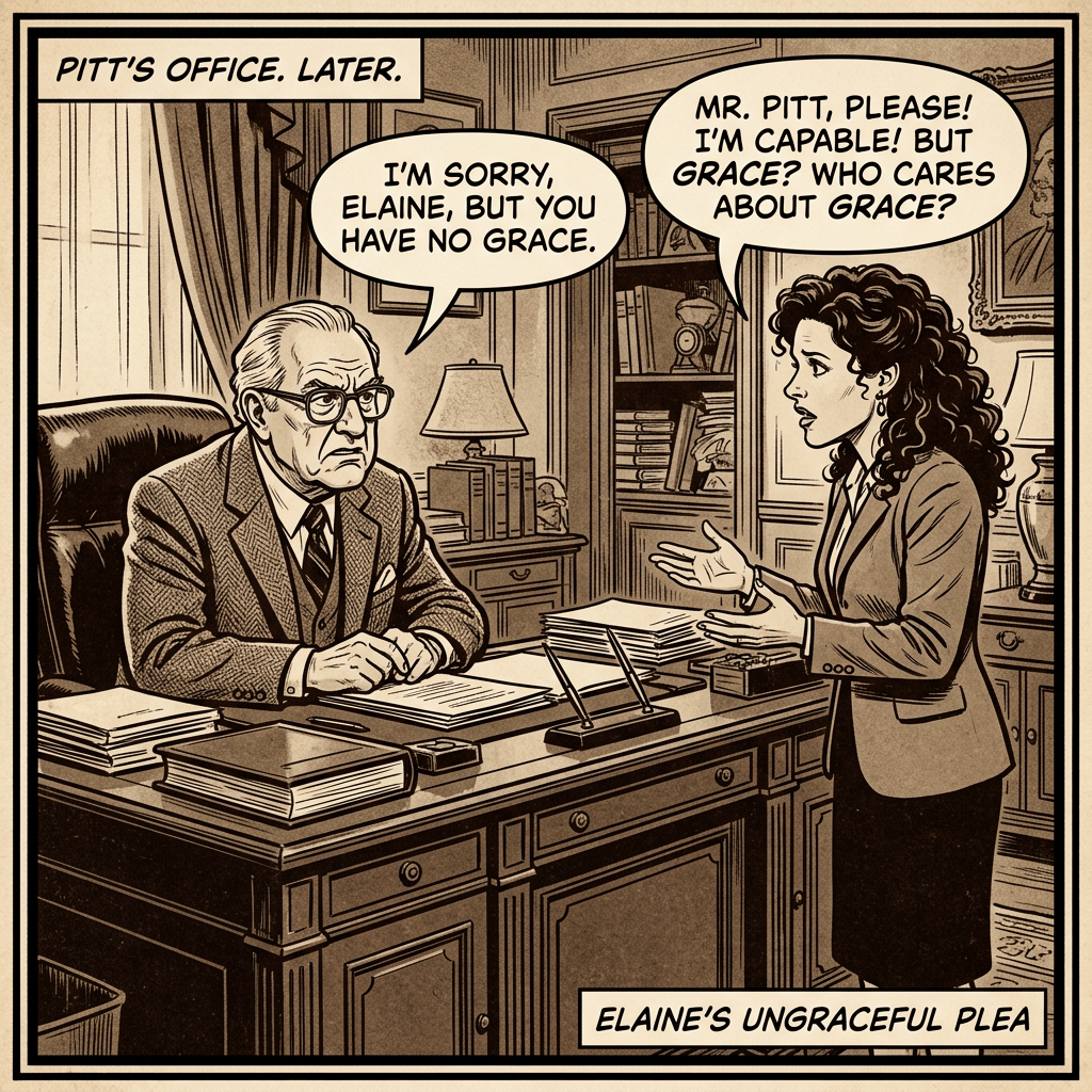 Comic panel reading “PITT’S OFFICE. LATER.” Mr. Pitt says, “I’M SORRY, ELAINE, BUT YOU HAVE NO GRACE.” Elaine says, “MR. PITT, PLEASE! I’M CAPABLE! BUT GRACE? WHO CARES ABOUT GRACE?” Caption: “ELAINE’S UNGRACEFUL PLEA.”
