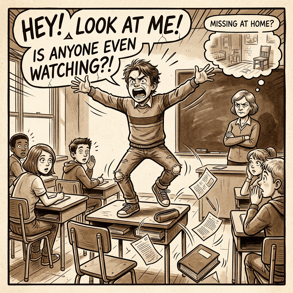 Comic classroom scene with student shouting, “HEY! LOOK AT ME! IS ANYONE EVEN WATCHING?!,” and thought bubble reading “MISSING AT HOME?”