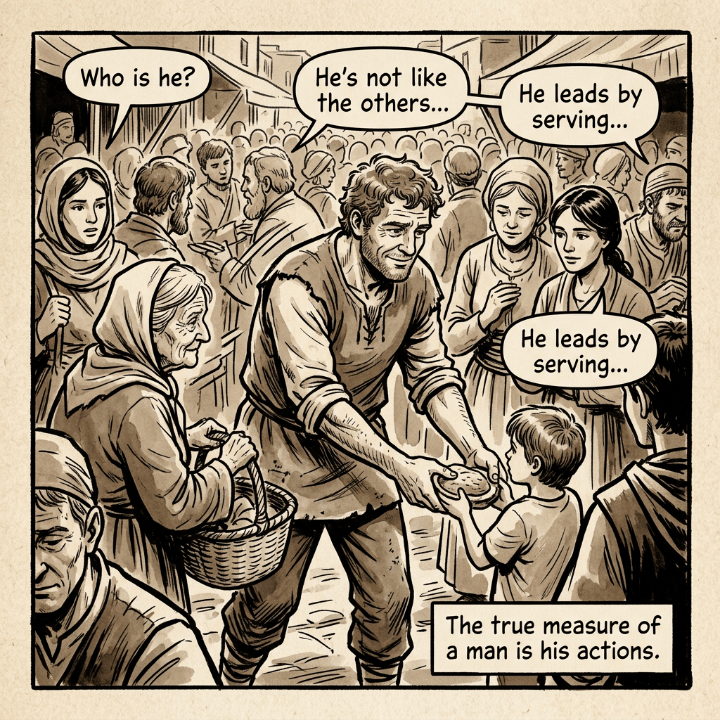 Comic scene with speech bubbles: "Who is he?" "He’s not like the others..." "He leads by serving..." "He leads by serving..." and text, "The true measure of a man is his actions."