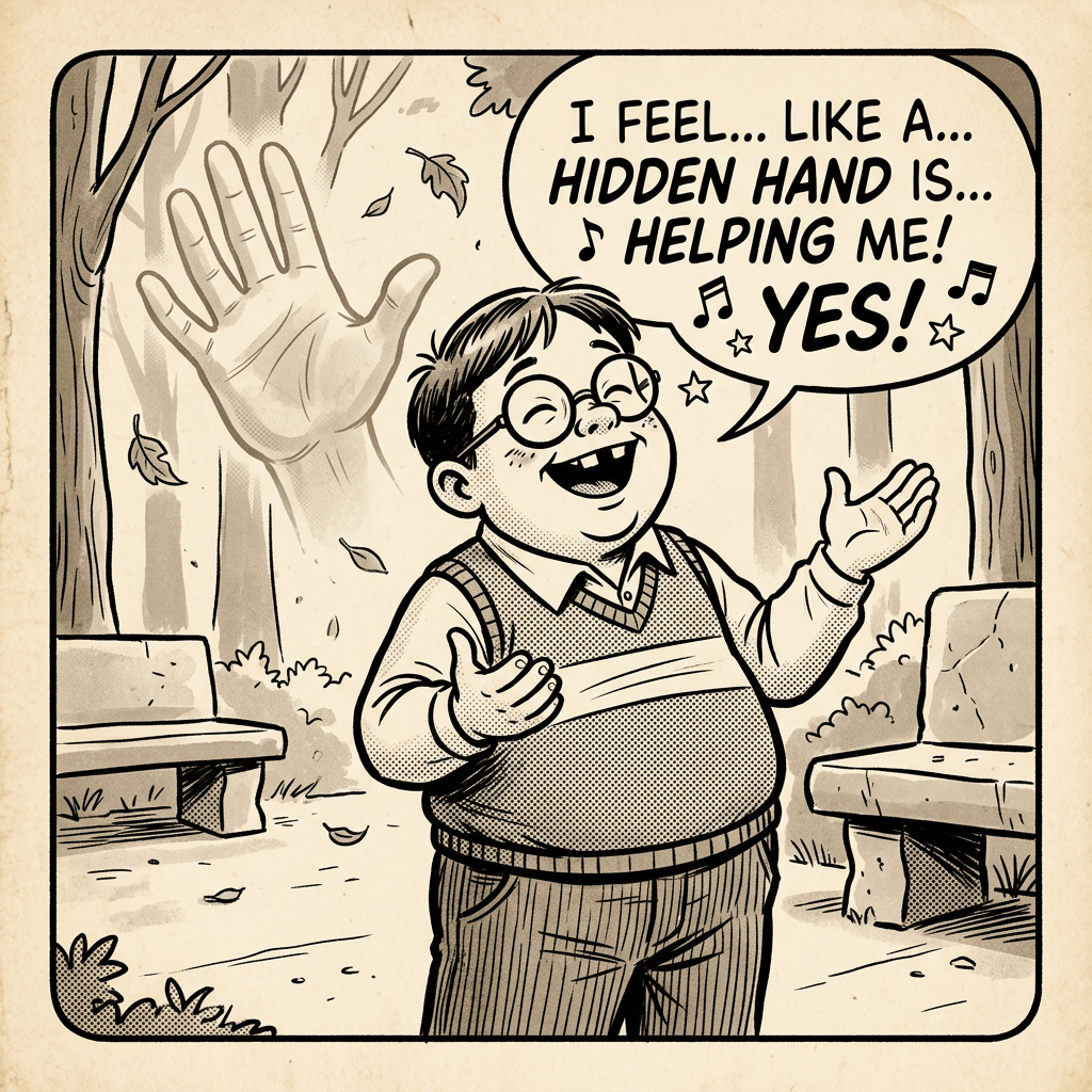 Cartoon person says, "I feel... like a... hidden hand is... helping me! Yes!"