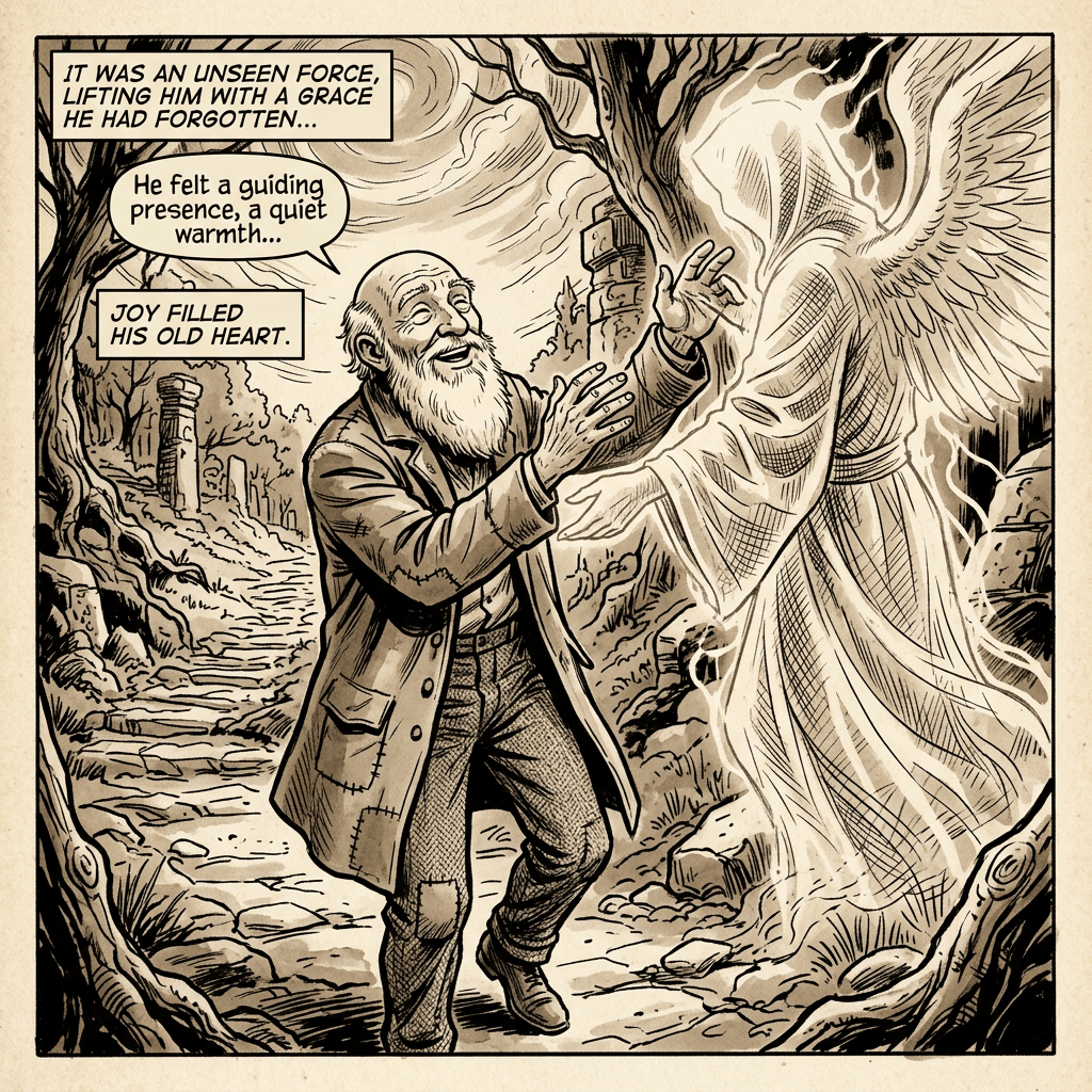 Elderly bearded man reaching toward a radiant angel in a forest