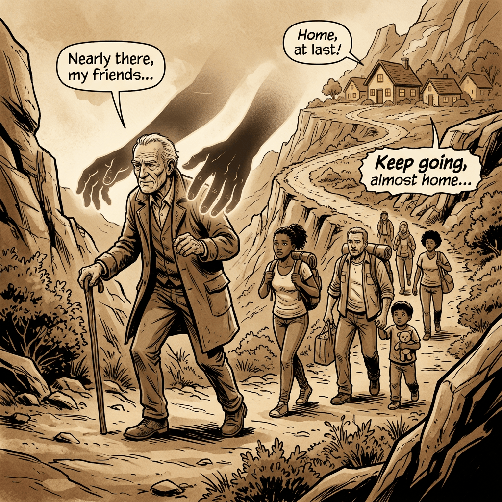 Travelers hike a mountain trail toward a village, with speech bubbles saying “Nearly there, my friends,” “Home, at last!” and “Keep going, almost home…”