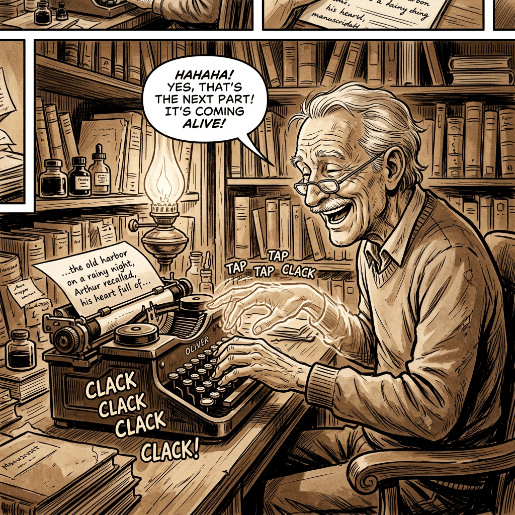 Comic panel of an elderly man typing; text reads “HAHAHA! YES, THAT’S THE NEXT PART! IT’S COMING ALIVE!”, “…the old harbor on a rainy night, Arthur recalled, his heart full of…”, “TAP TAP CLACK”, “CLACK CLACK CLACK CLACK!”, and “OLIVER.”