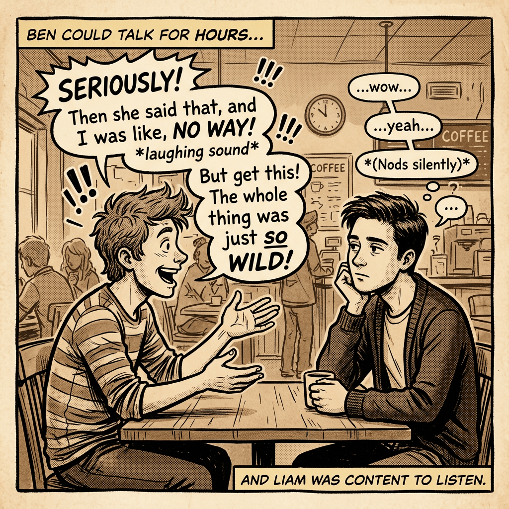 Comic panel of two friends talking in a café, one speaking excitedly while the other listens.