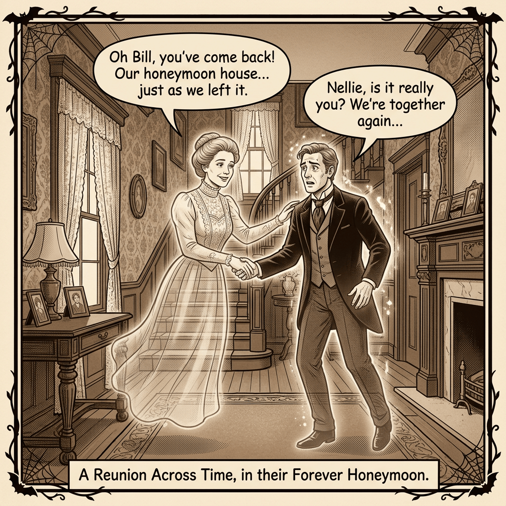 Comic panel: “Oh Bill, you've come back! Our honeymoon house... just as we left it.” “Nellie, is it really you? We're together again...” “A Reunion Across Time, in their Forever Honeymoon.”