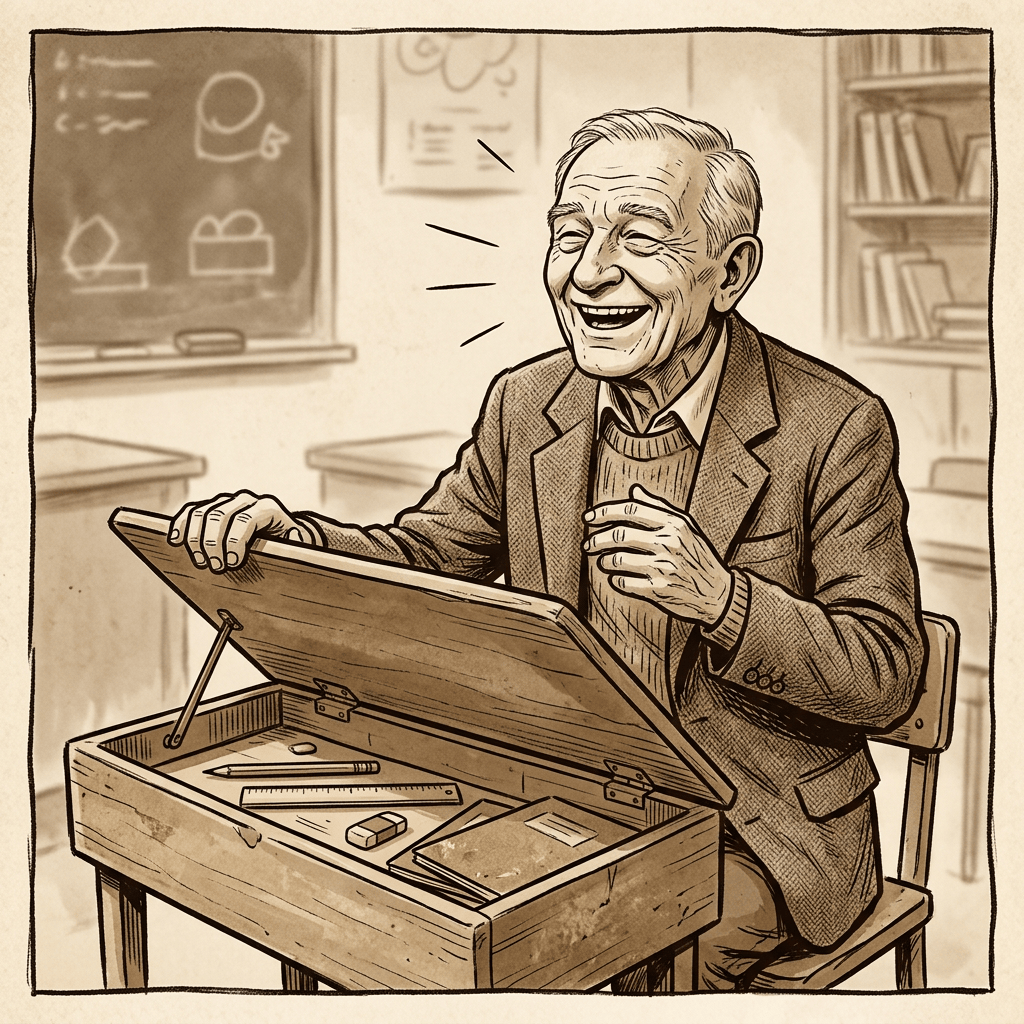 Smiling teacher opens an art box in a classroom
