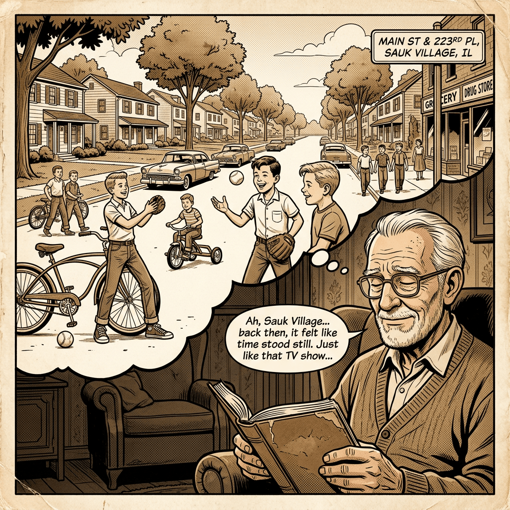 Comic scene with text: “MAIN ST & 223RD PL, SAUK VILLAGE, IL,” “GROCERY DRUG STORE,” and “Ah, Sauk Village... back then, it felt like time stood still. Just like that TV show...”