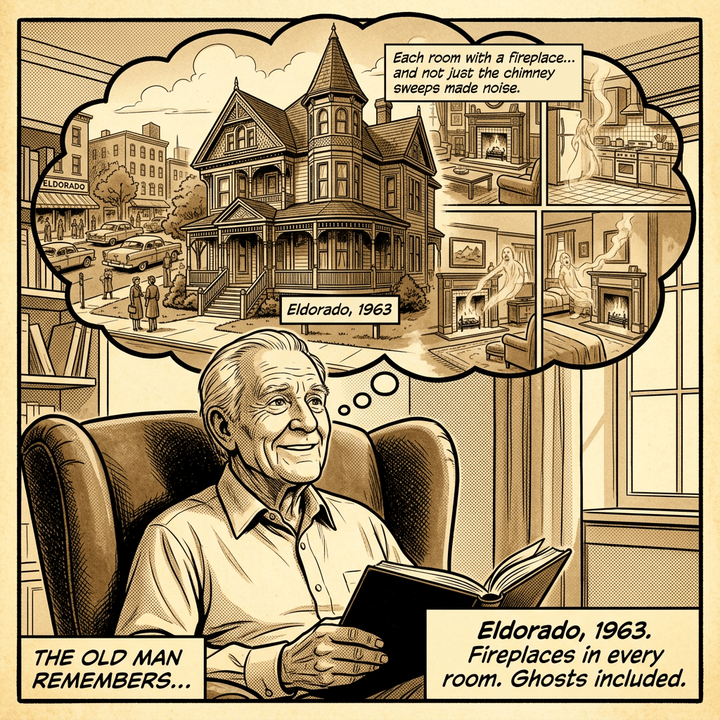 Comic panel: old man reads, remembering Eldorado, 1963; text says “The old man remembers,” “Each room with a fireplace... and not just the chimney sweeps made noise,” and “Fireplaces in every room. Ghosts included.”