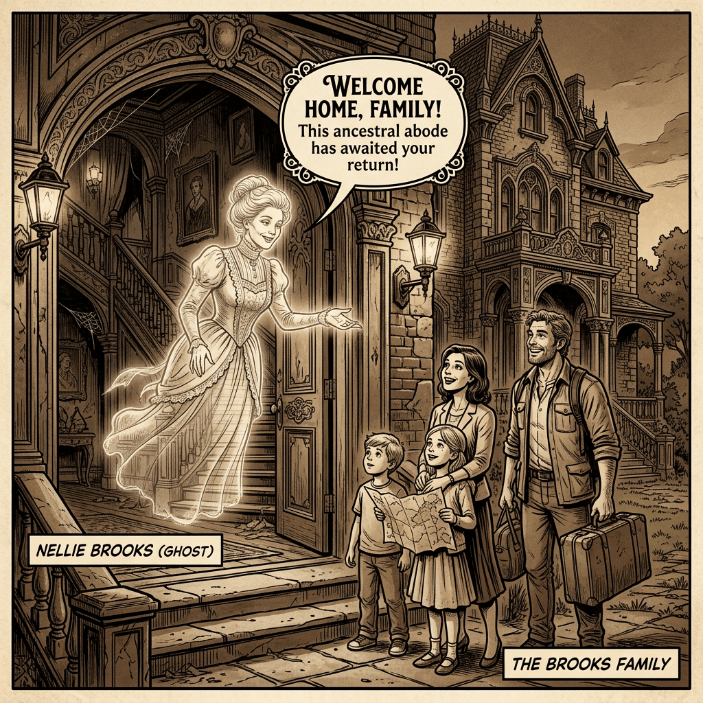 Ghost Nellie Brooks welcomes the Brooks family outside an ornate Victorian house.