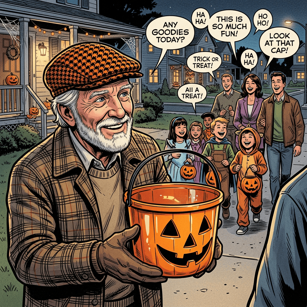 Grandfather offers a pumpkin candy bucket to costumed children on Halloween.