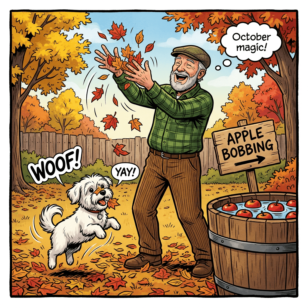 Man catching autumn leaves beside excited dog and apple-bobbing barrel