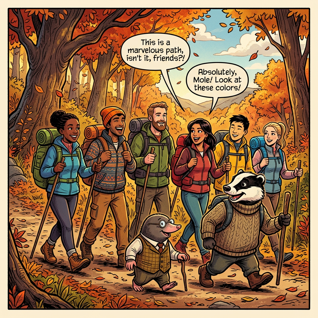 Comic hikers and animal companions on an autumn trail; speech bubbles read, "This is a marvelous path, isn't it, friends?!" and "Absolutely, Mole! Look at these colors!"