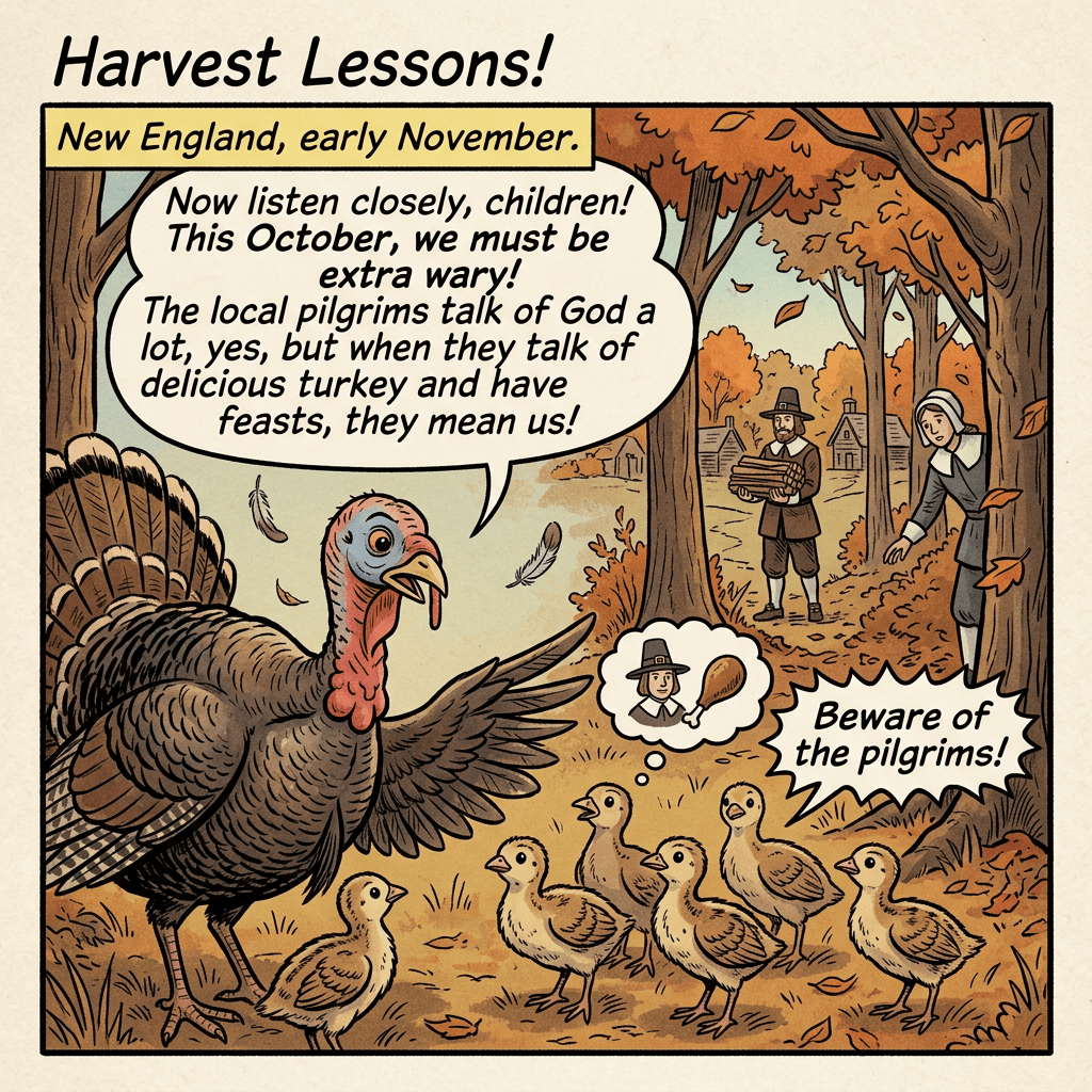 Comic text reads “Harvest Lessons!”, “New England, early November.”, “Now listen closely, children! This October, we must be extra wary! The local pilgrims talk of God a lot, yes, but when they talk of delicious turkey and have feasts, they mean us!”, and “Beware of the pilgrims!” A turkey addresses four chicks while pilgrims walk nearby.