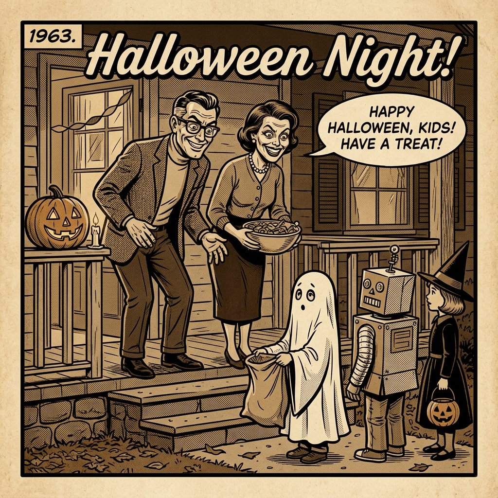 1963 Halloween Night! Happy Halloween, kids! Have a treat! Parents greet a ghost, robot, and witch.