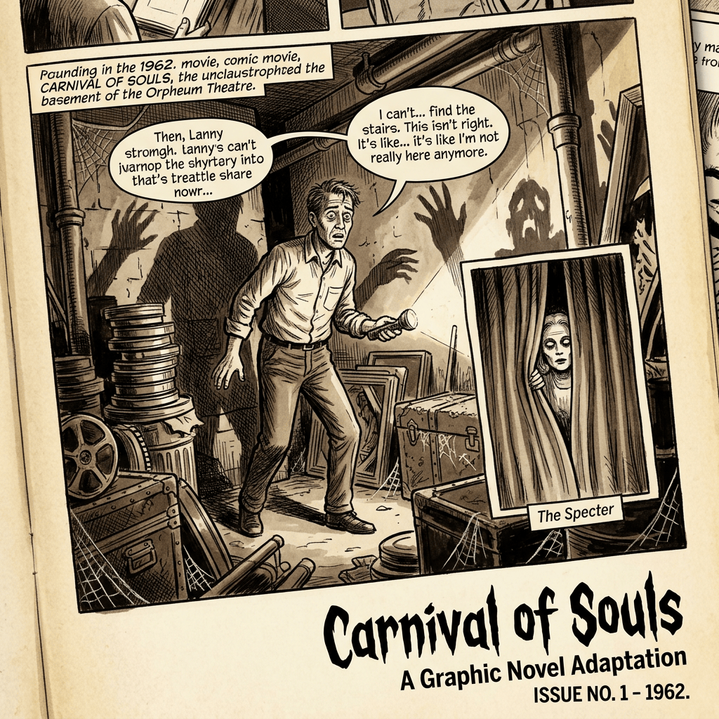 Comic page titled Carnival of Souls: A Graphic Novel Adaptation, Issue No. 1 – 1962, showing a frightened man in a theater basement and a specter behind curtains; speech bubbles read, “Then, Lanny, strengthen...” and “I can’t... find the stairs.”
