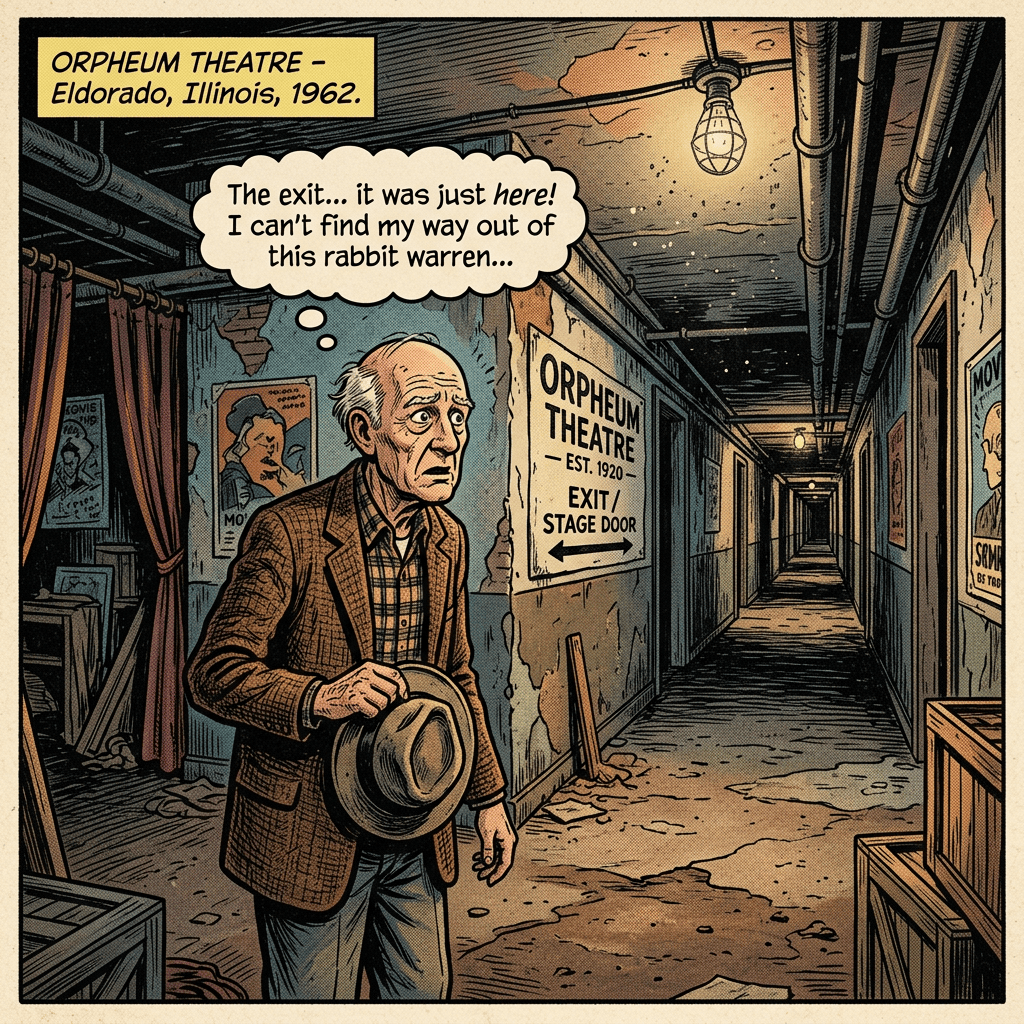 Comic panel of a man lost backstage at Orpheum Theatre in 1962