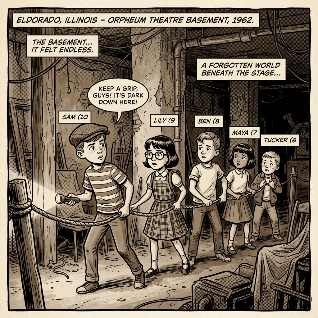 Comic panel reading "ELDORADO, ILLINOIS – ORPHEUM THEATRE BASEMENT, 1962." and showing Sam, Lily, Ben, Maya, and Tucker exploring while saying "KEEP A GRIP, GUYS! IT’S DARK DOWN HERE!" with captions "THE BASEMENT... IT FELT ENDLESS." and "A FORGOTTEN WORLD BENEATH THE STAGE..."