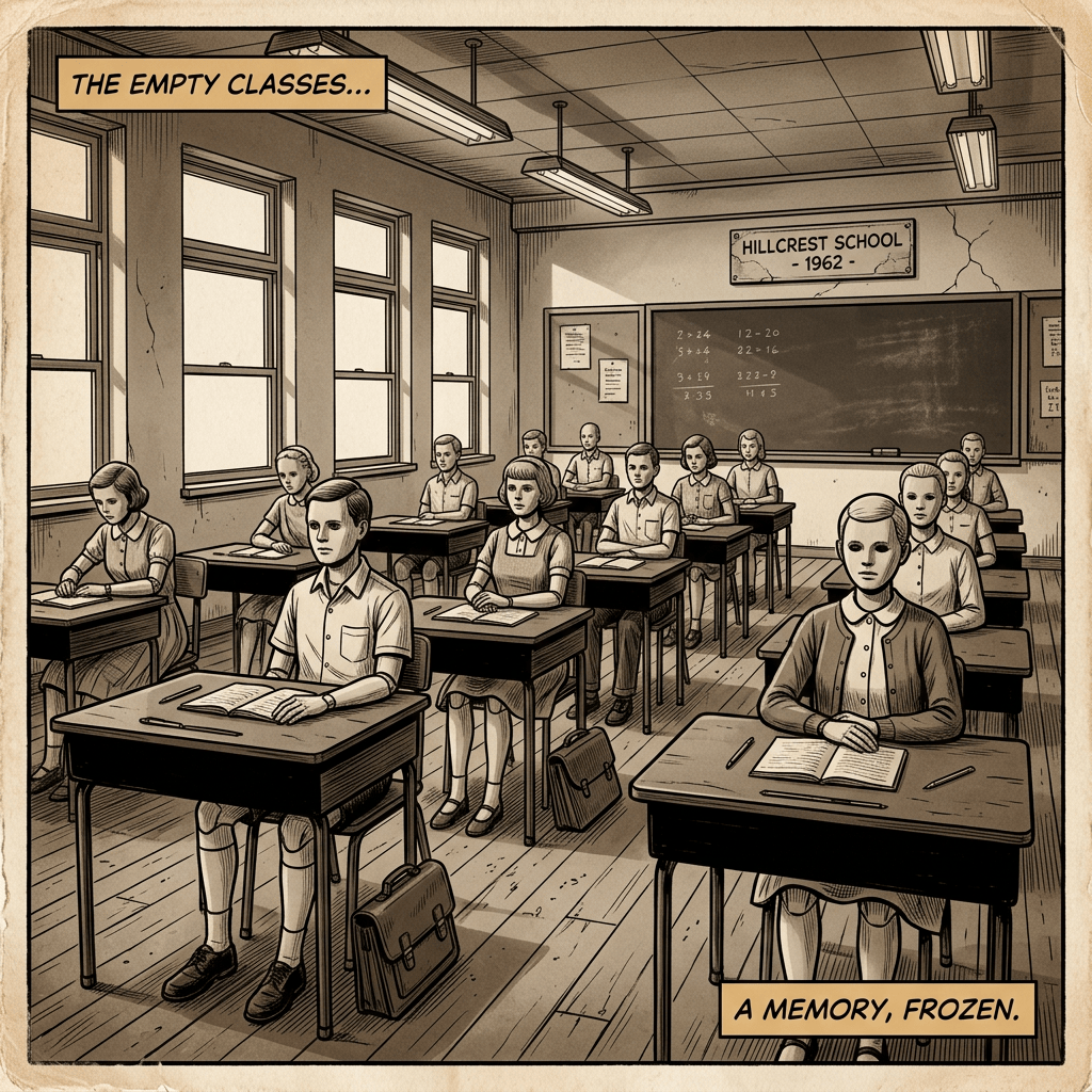 Sepia illustration of students seated in an empty Hillcrest School classroom