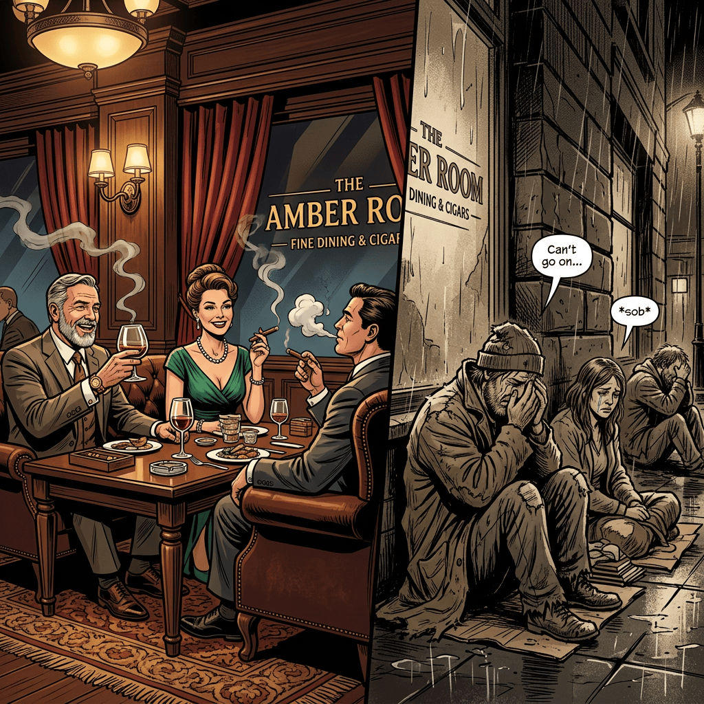 Split comic scene: diners at The Amber Room Fine Dining & Cigars beside homeless people in rain saying "Can't go on..." and "*sob*."