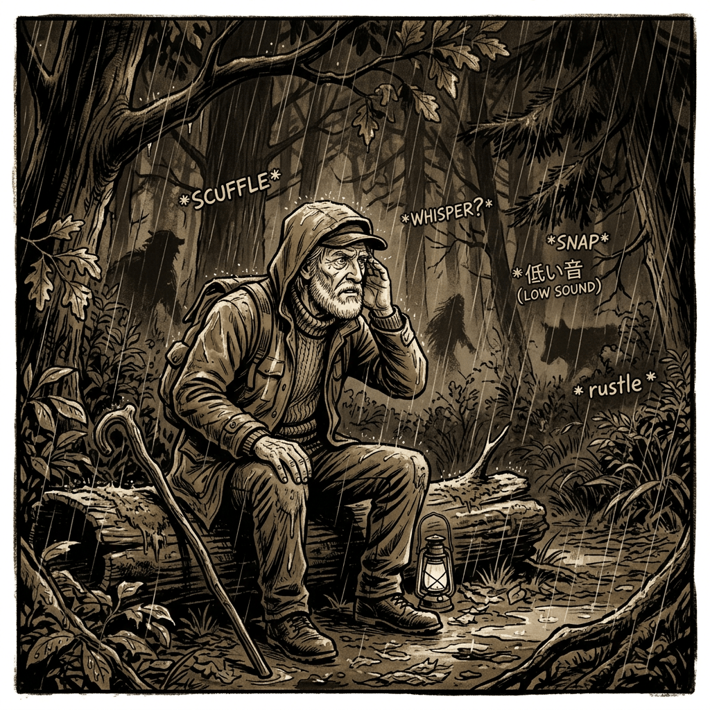 Traveler listening in rainy forest; “*SCUFFLE*,” “*WHISPER?*,” “*SNAP*,” “*低い音 (LOW SOUND)*,” and “*rustle*.”