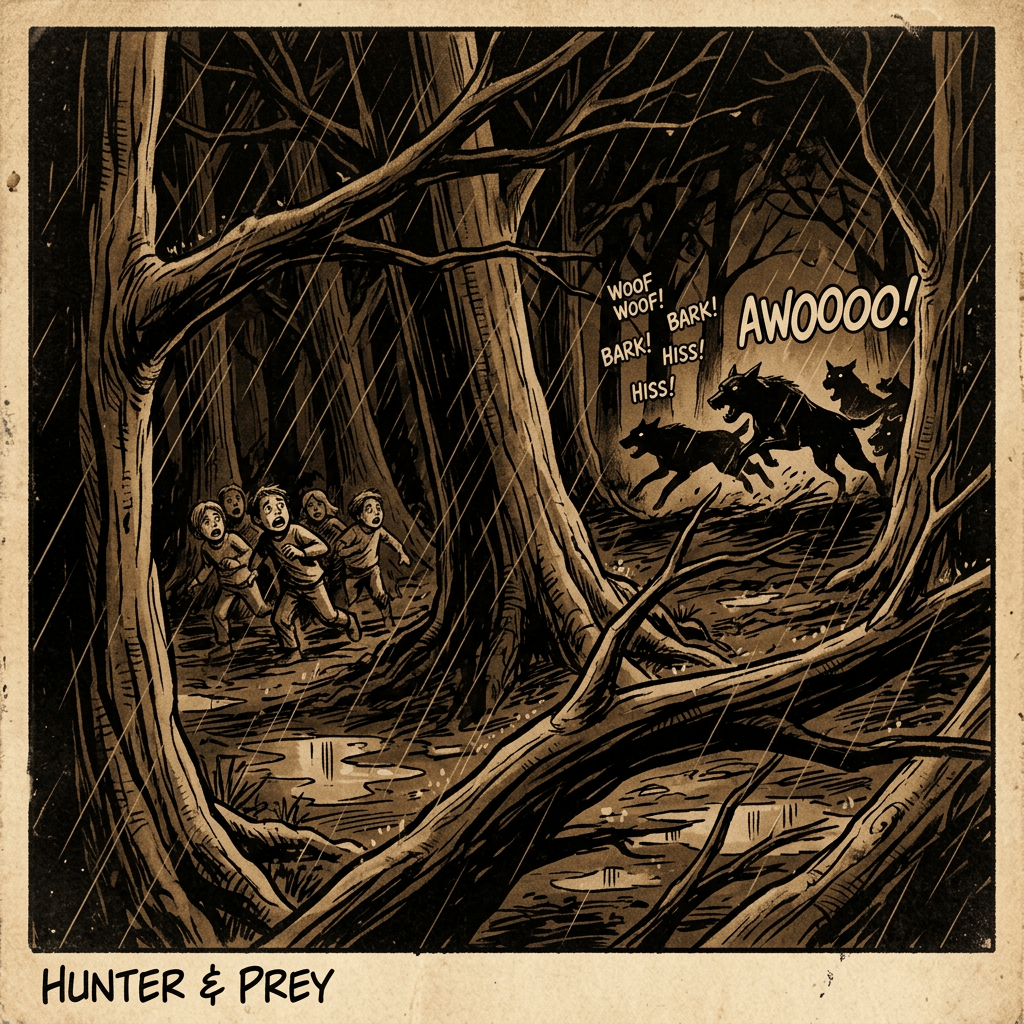 Hunter & Prey: frightened people flee barking dogs through a rainy forest