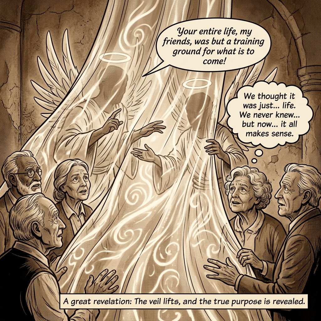 Comic panel with angels behind a veil; text: “Your entire life, my friends, was but a training ground for what is to come!” “We thought it was just... life. We never knew... but now... it all makes sense.” “A great revelation: The veil lifts, and the true purpose is revealed.”