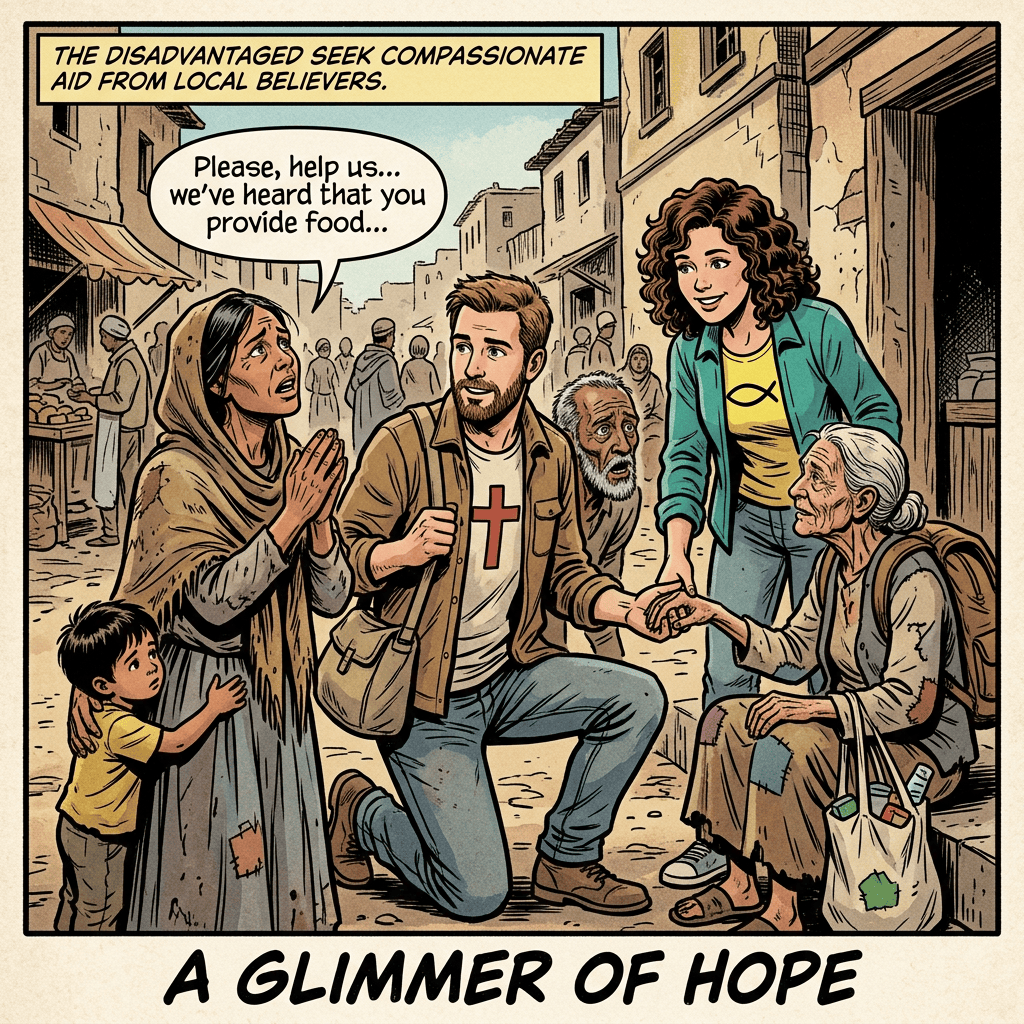 Comic panel text: "THE DISADVANTAGED SEEK COMPASSIONATE AID FROM LOCAL BELIEVERS." A woman says, "Please, help us... we've heard that you provide food..." Volunteers assist impoverished people. Bottom text: "A GLIMMER OF HOPE."
