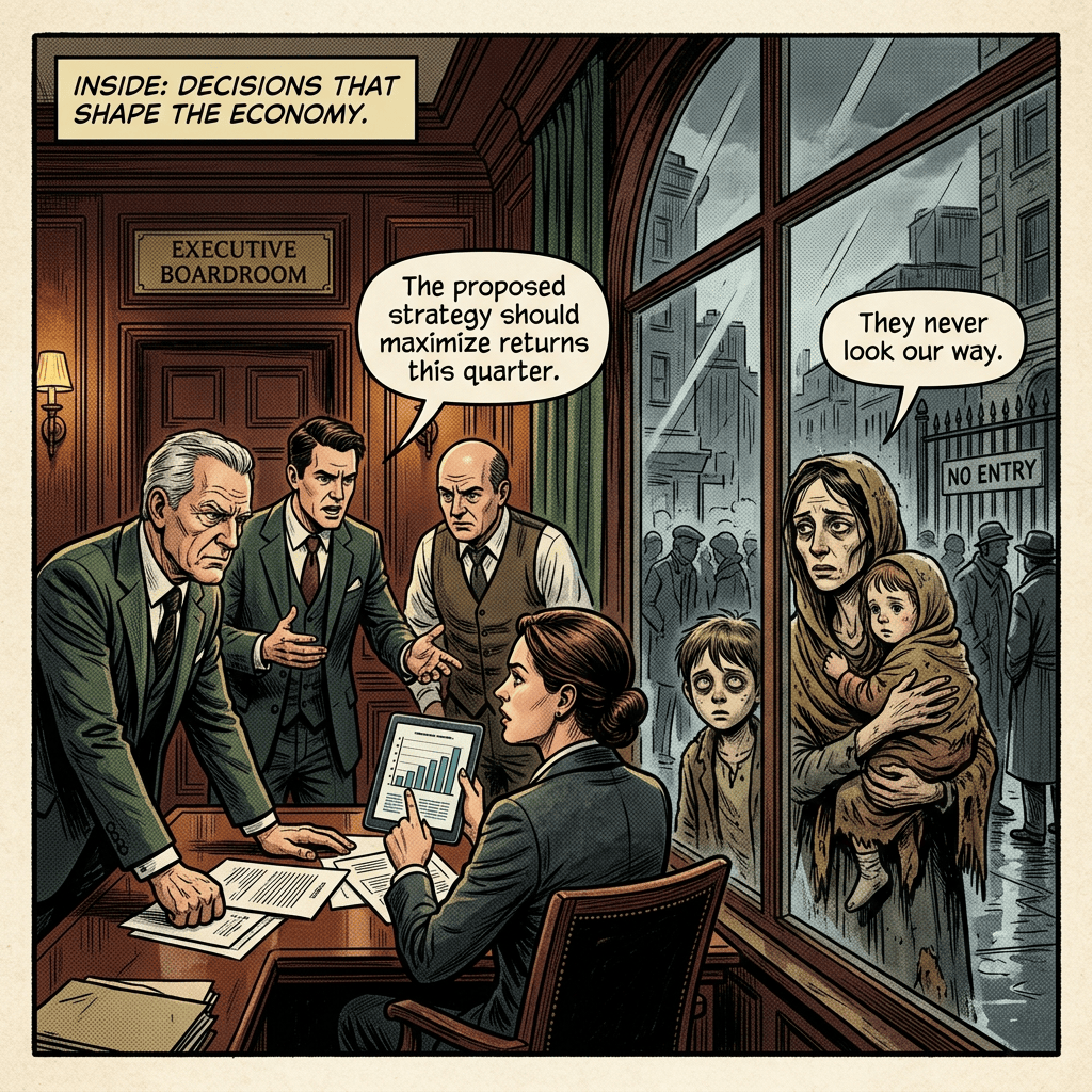 Comic panel reading “INSIDE: DECISIONS THAT SHAPE THE ECONOMY,” “EXECUTIVE BOARDROOM,” “The proposed strategy should maximize returns this quarter,” “They never look our way,” and “NO ENTRY,” showing executives meeting while a mother and children stand outside.