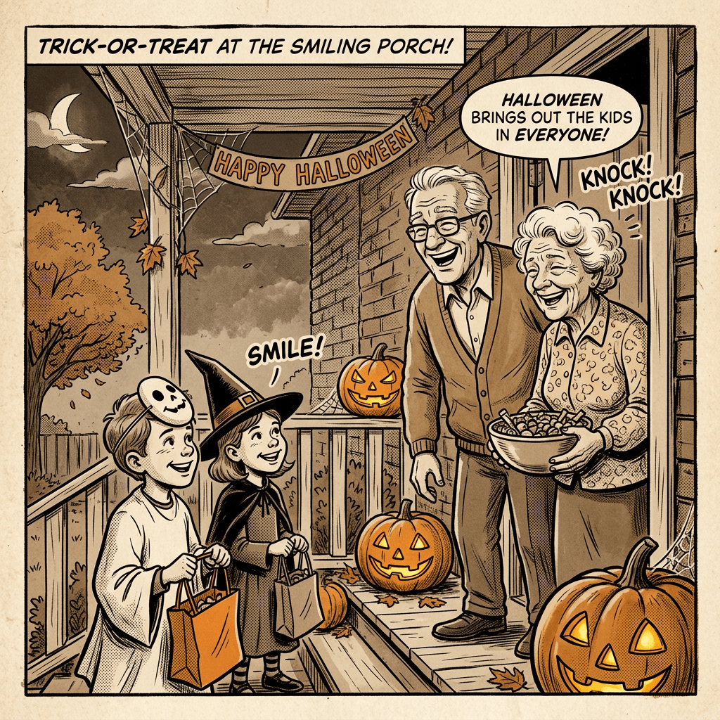 Two children in Halloween costumes receive candy from grandparents on a decorated porch.