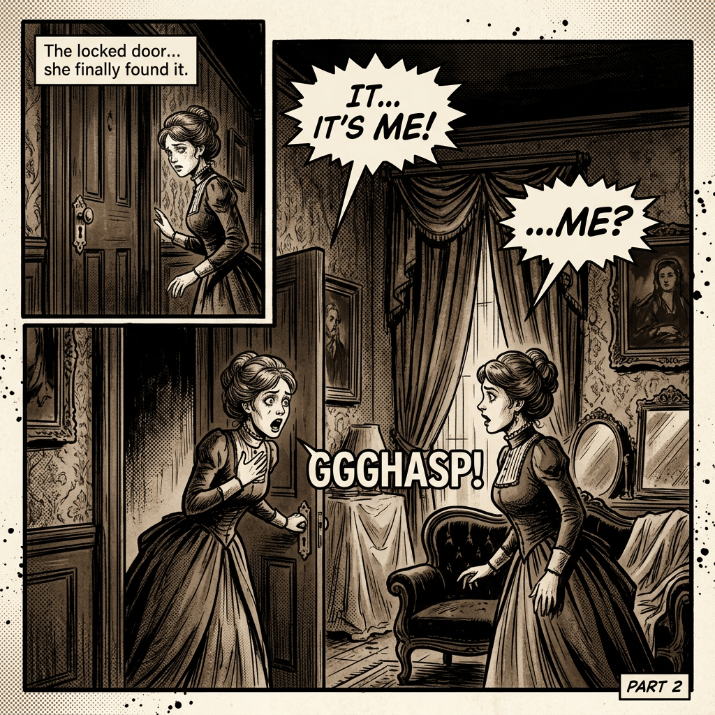 Comic panels with a woman at a locked door and her apparent double; text reads: The locked door... she finally found it. IT... IT'S ME! ...ME? GGGHASP! PART 2