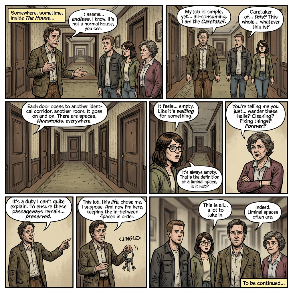 Comic page where a caretaker explains a mysterious house of endless corridors to three visitors