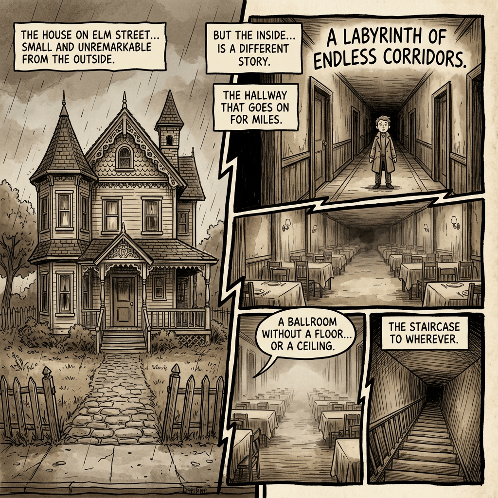 Comic panels show a Victorian house and impossible endless interior spaces.