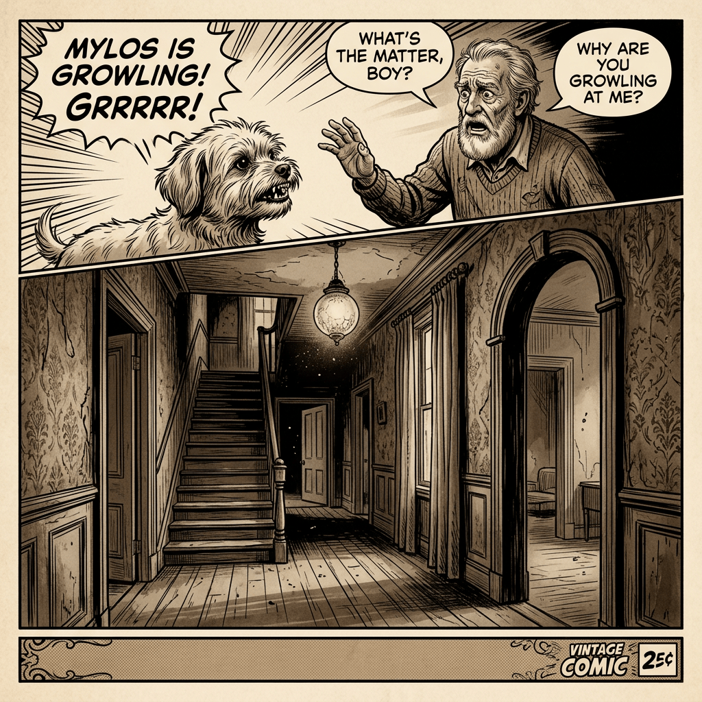 Vintage comic panel reading “MYLOS IS GROWLING! GRRRRR!”, “WHAT’S THE MATTER, BOY?”, “WHY ARE YOU GROWLING AT ME?”, “VINTAGE COMIC,” and “25¢,” showing a dog, man, and eerie hallway.