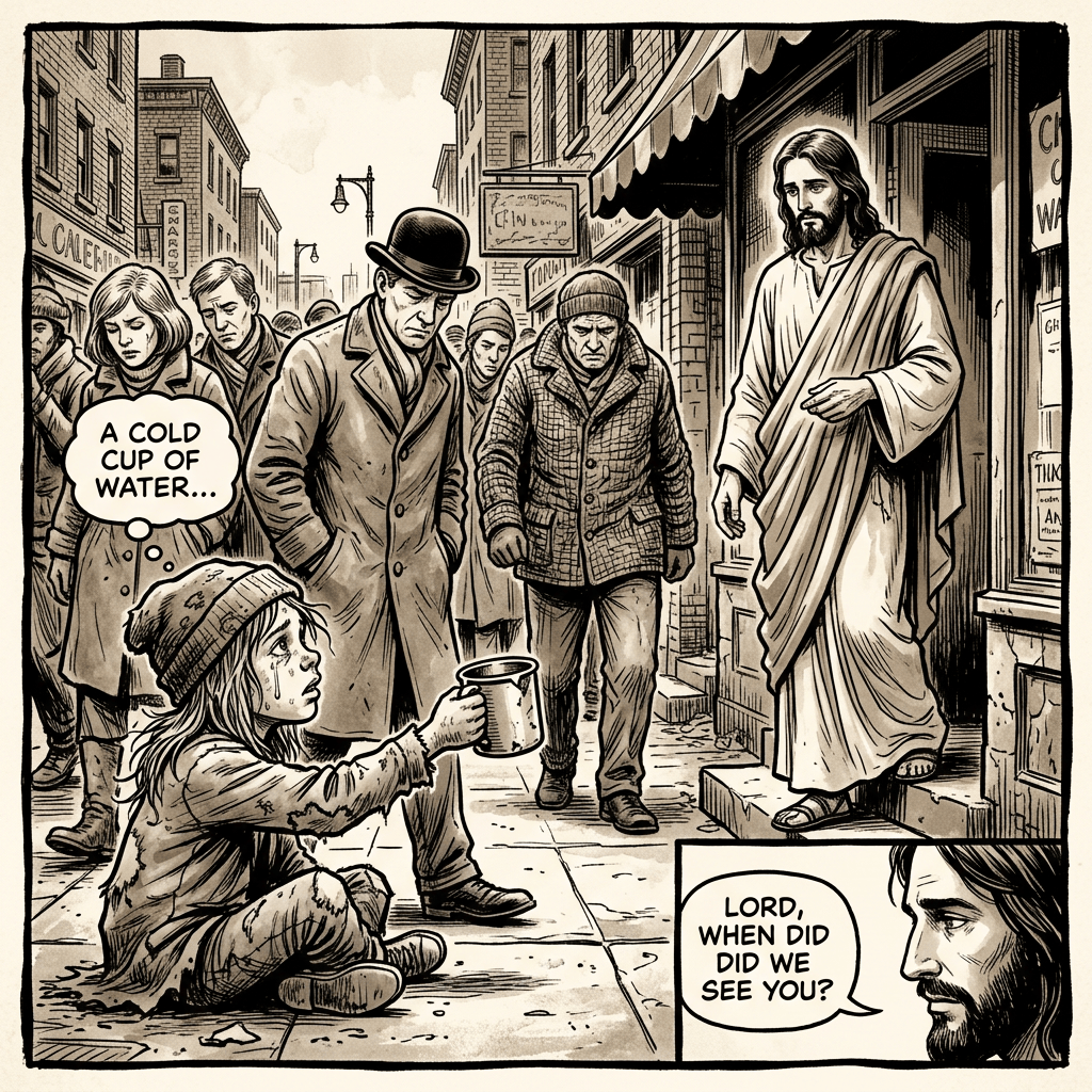 Homeless girl asking Christ for water