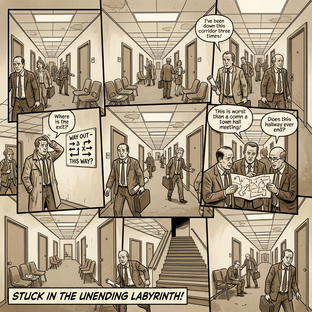 Comic titled STUCK IN THE UNENDING LABYRINTH! with office workers asking, “Where is the exit?”, “I’ve been down this corridor three times!”, “This is worse than a town hall meeting!”, and “Does this hallway ever end?”; a sign reads “WAY OUT — THIS WAY?”