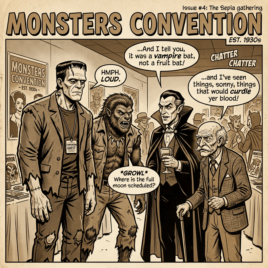 Comic panel titled Monsters Convention, featuring Frankenstein, a werewolf, Dracula, and an older monster guest chatting.